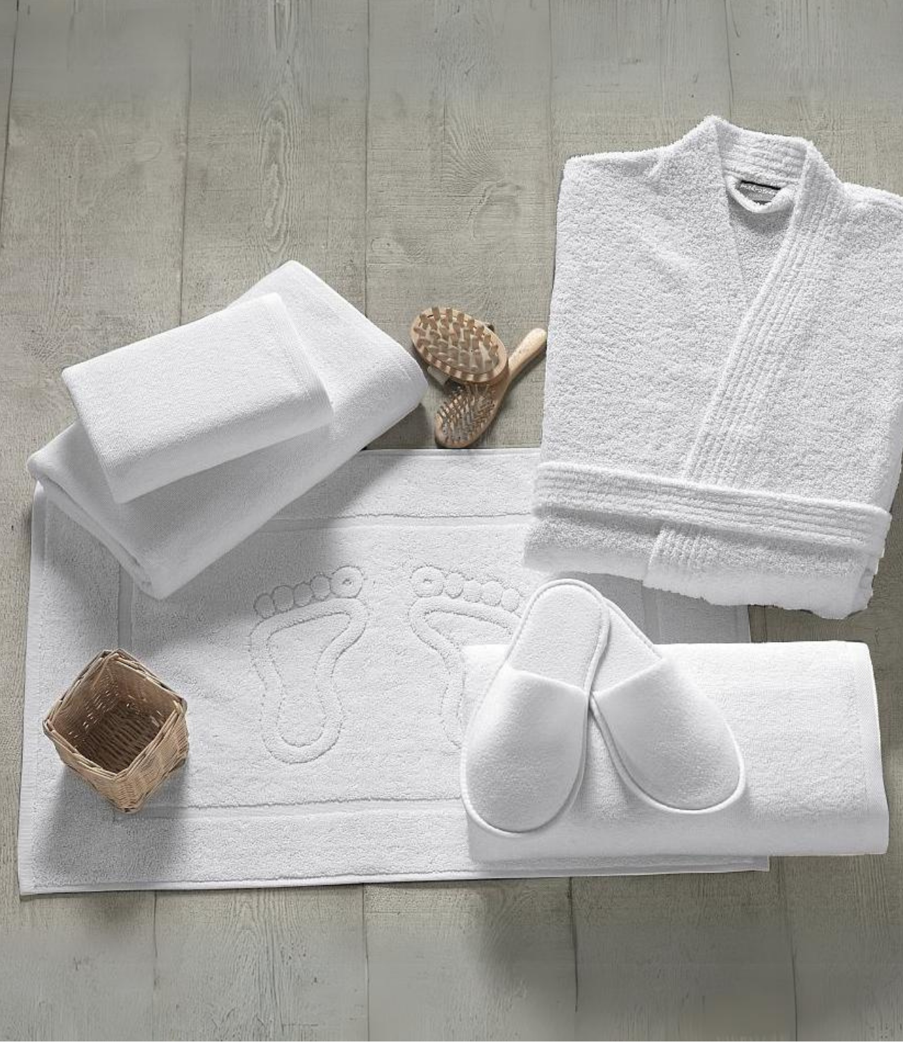 Hotel Line including bathrobe, bath towel, face towel, slippers, bath mat