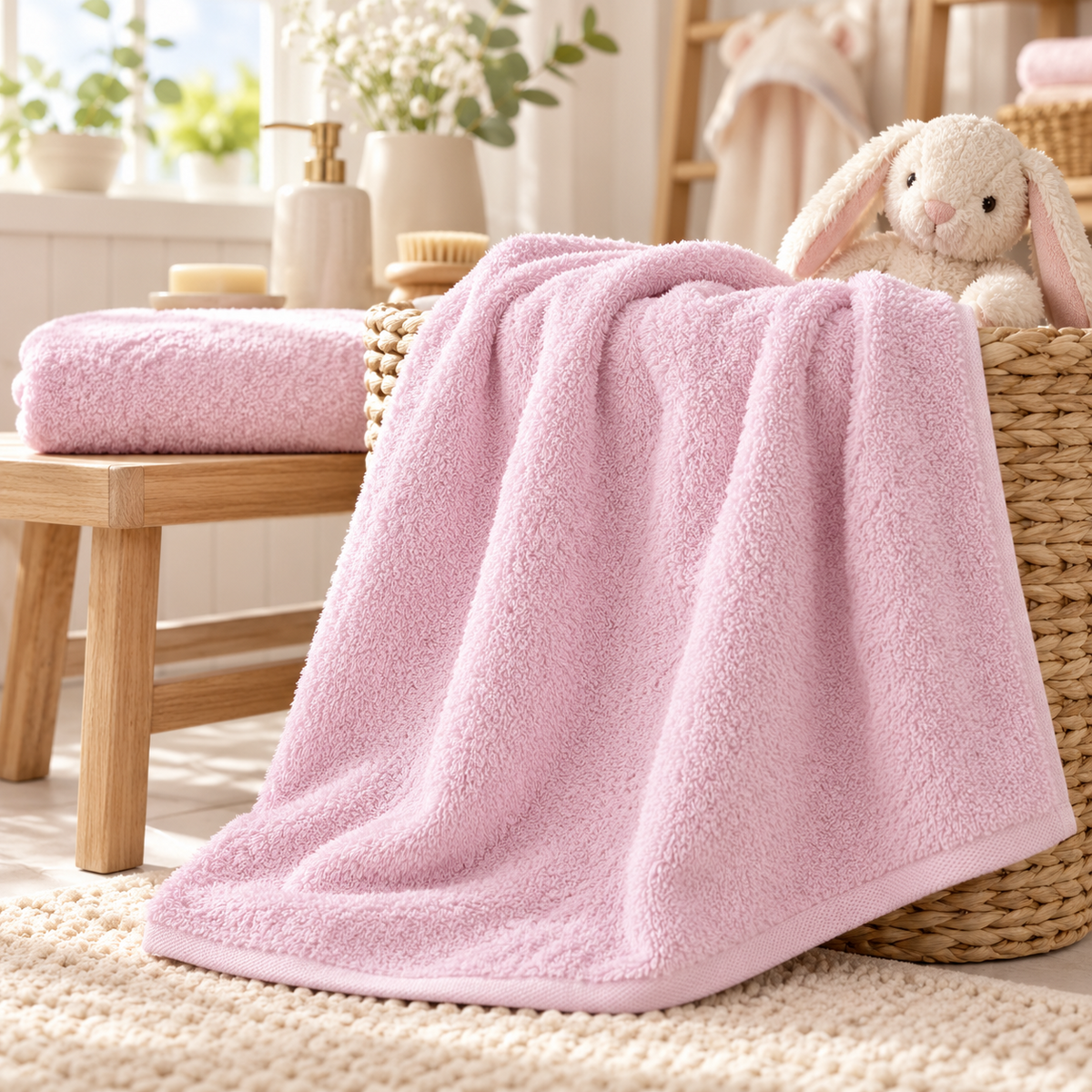 Soft pink SALBAKOS baby towel styled for post-bath baby care